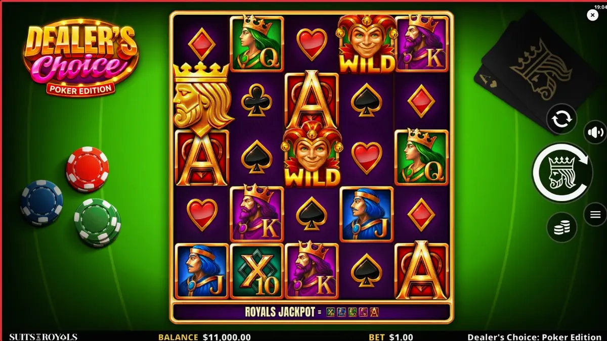 Tampilan visual slot Dealer’s Choice: Poker Edition dengan elemen kartu poker dan meja hijau.